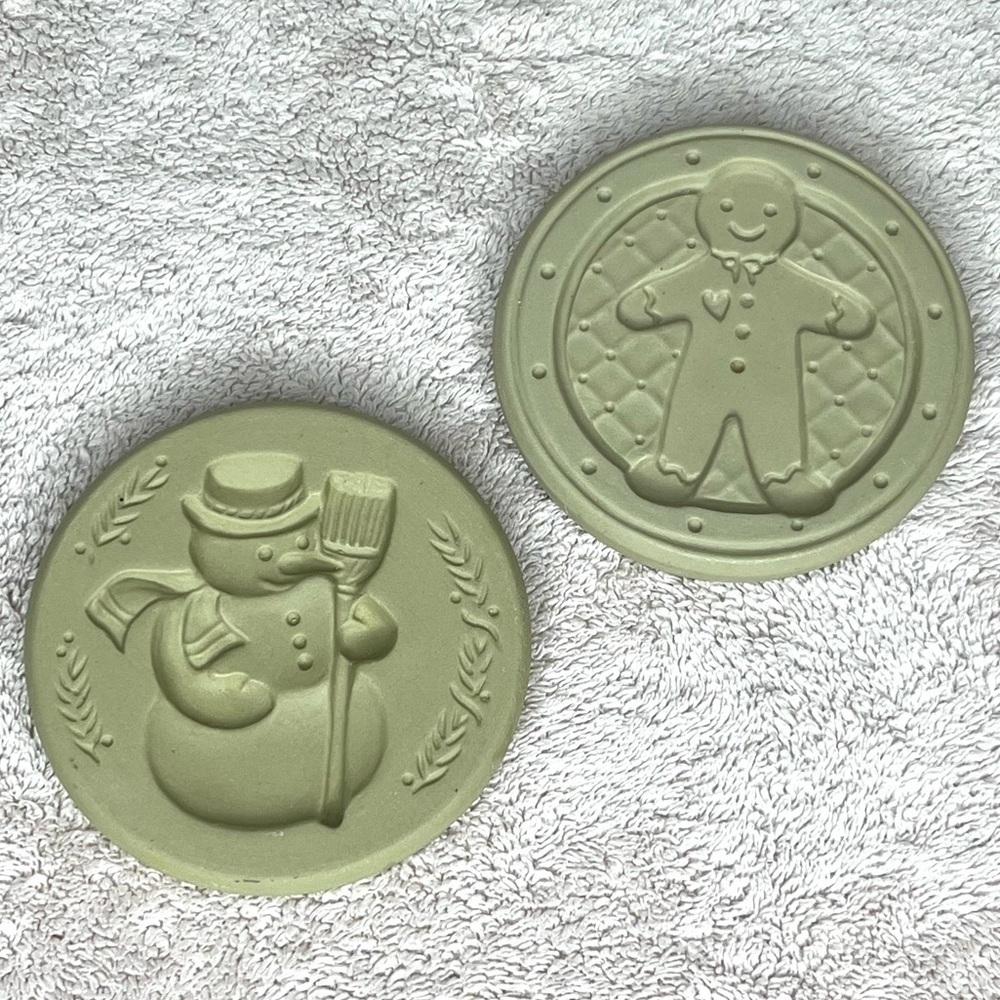 Vintage Stoneware Shortbread Cookie Molds Set Holiday Snowman Gingerbread VTG